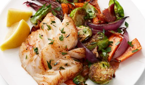 Roasted Cod with Squash, Bacon & Brussels Sprouts