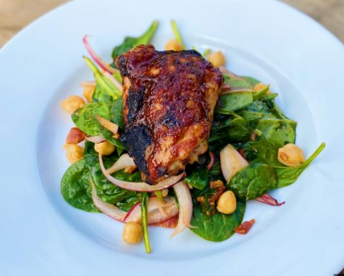 Sweet & Spicy Honey-Glazed Chicken with Spinach Salad and Dressing